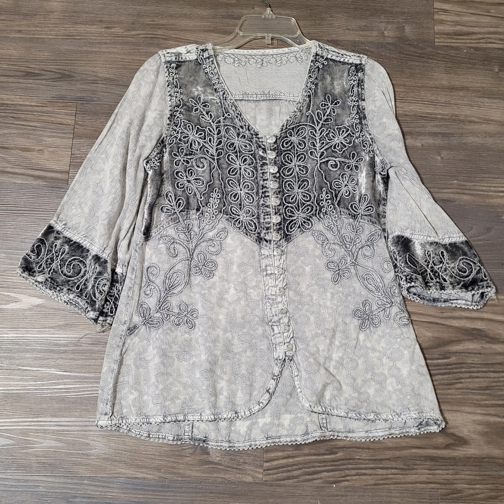 Parsley & Sagr Elegant Gray Women's Tunic Top Size S Velvet Embroidery - Picture 2 of 3